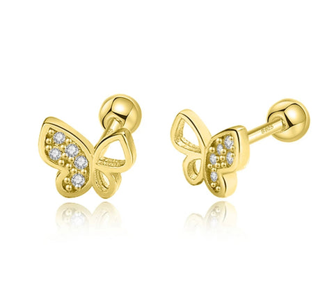 925 Sterling Silver 18K Gold Plated Half Pavè CZ Butterfly Screw Back Earrings for Toddler Kids & Teens