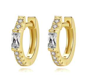 925 Sterling Silver 18K Gold Plated CZ Stone Emerald Shape Huggie Earrings for Kids & Teens