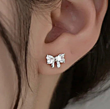 925 Sterling Silver Rhodium Plated Clear CZ Stones Bow Screw Back Earrings for Baby Kids & Teens