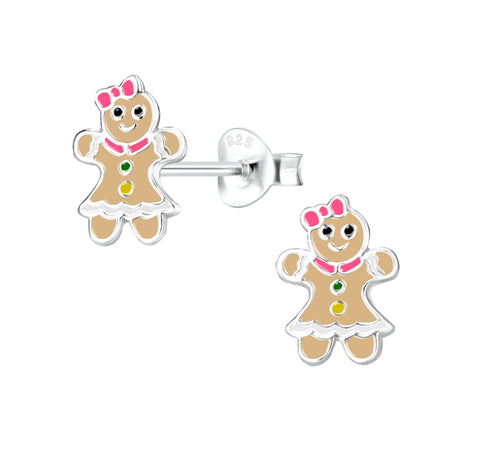 925 Sterling Silver Enamel Bow Gingerbread Cookies Push Back Earrings for Kids & Teens