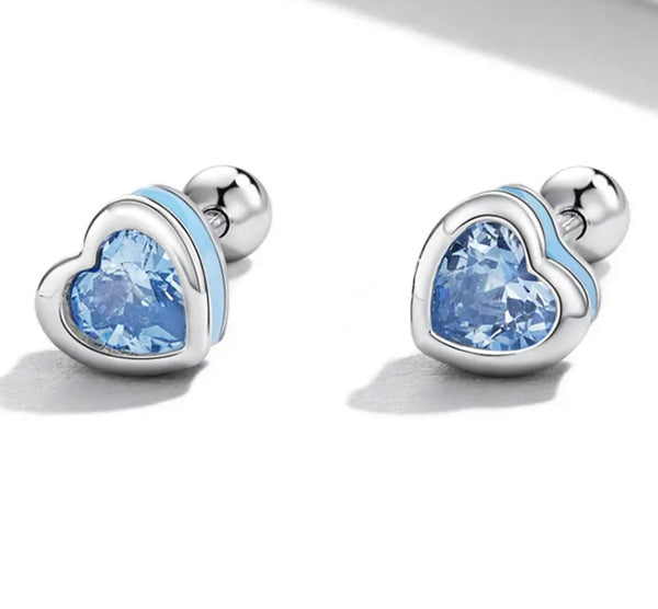 925 Sterling Silver Blue Enamel CZ Stones Heart Screw Back Earrings