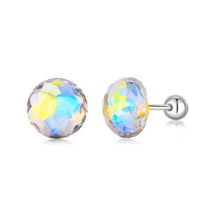 925 Sterling Silver Rhodium Plated Sparkling Crystal Stones Round Screw Back Earrings for Kids & Teens