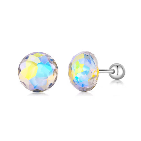 925 Sterling Silver Rhodium Plated Sparkling Crystal Stones Round Screw Back Earrings for Kids & Teens
