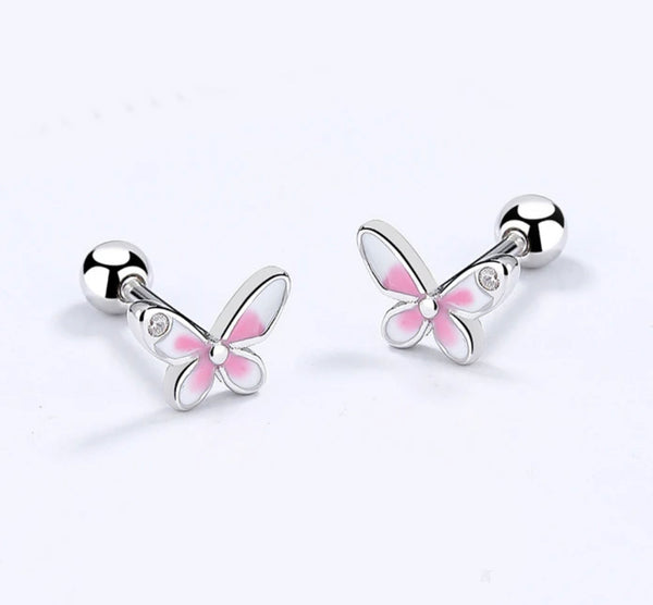 925 Sterling Silver Rhodium Plated White & Pink Enamel Butterfly Screw Back Earrings for Baby Kids & Teens