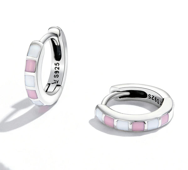 925 Sterling Silver Platinum Plated Pink/White Enamel Huggie Earrings for Baby Kids & Teens