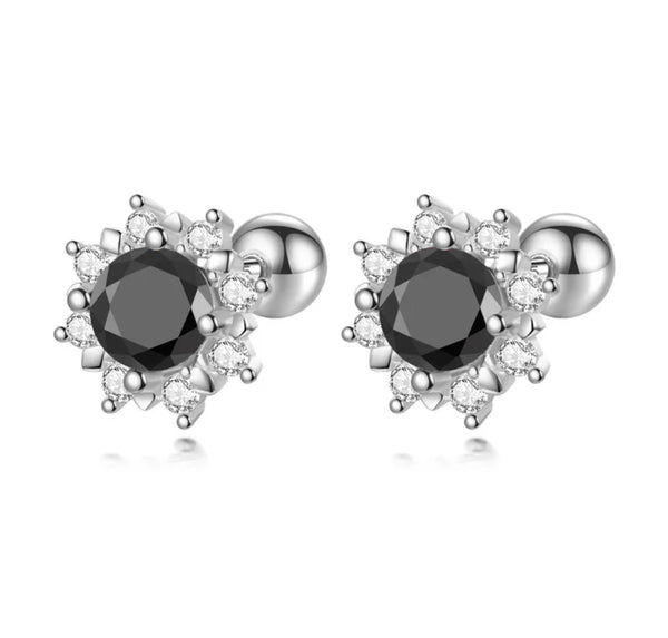 925 Sterling Silver Rhodium Plated Sparkling Flower CZ Stones Screw Back Earrings for Baby Kids & Teens