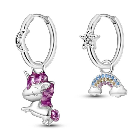 925 Sterling Silver Rhodium Plated Unicorn Rainbow CZ  Huggie Earrings for Kids & Teens