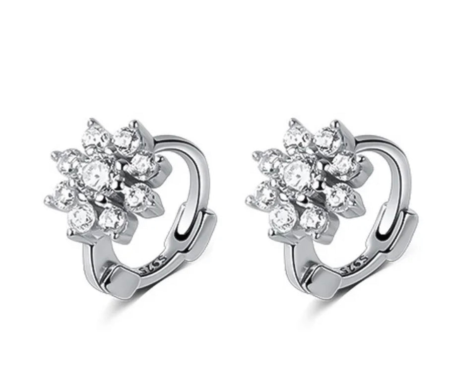 925 Sterling Silver Rhodium Plated CZ Stones Flower Huggie Hoop Earrings for Toddler Kids & Teens