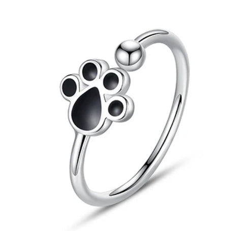 925 Sterling Silver Rhodium Plated Adjustable Paw Print Ring for Kids & Teens