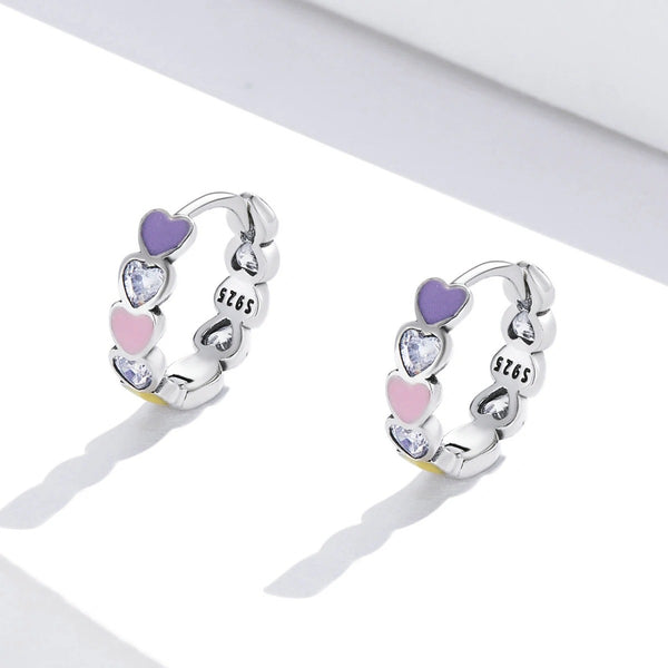 925 Sterling Silver Platinum Plated Enamel with CZ Stones Heart Huggie Earrings For Baby Kids & Teens