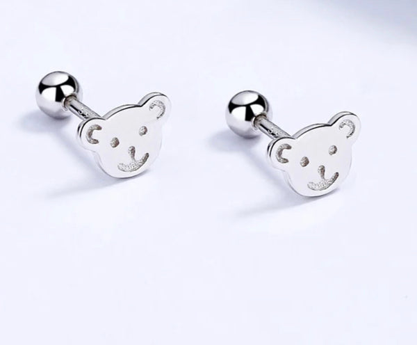 925 Sterling Silver Rhodium Plated Bear Screw Back Earrings for Baby Kids & Teens