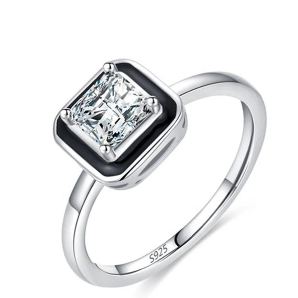 925 Sterling Silver Rhodium Plated Square Shaped CZ Stone Black Enamel Ring for Kids & Teens