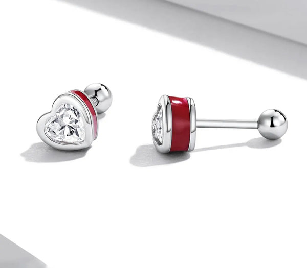 925 Sterling Silver Red Enamel Heart CZ Stones Screw Back Earrings for Baby, Kids & Teens