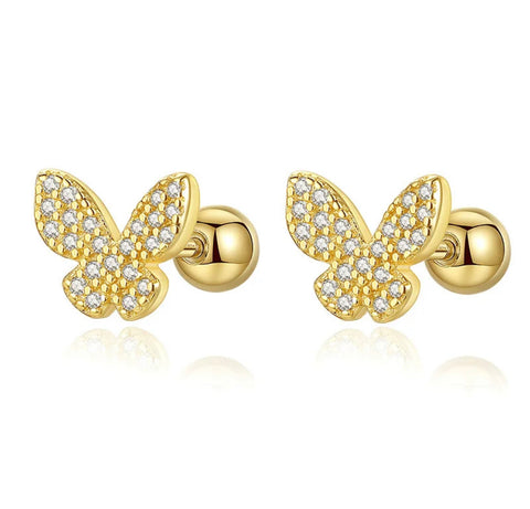 925 Sterling Silver 18K Gold Plated Pavé CZ Stones Butterfly Screw Back Earrings for Baby Kids & Teens