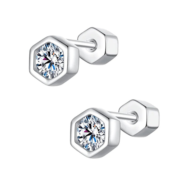 925 Sterling Silver Rhodium Plated 3ct. Moissanite Diamond Hexagon ScrewBack Earrings For Baby, Kids, Teens