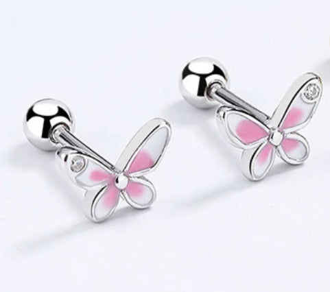 925 Sterling Silver Rhodium Plated White & Pink Enamel Butterfly Screw Back Earrings for Baby Kids & Teens