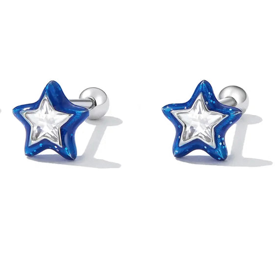 925 Sterling Silver Platinum Plated Glitter Enamel CZ Stones Star Screw Back Earrings for Baby Kids & Teens