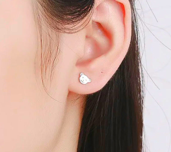 925 Sterling Silver Rhodium Plated Bear Screw Back Earrings for Baby Kids & Teens