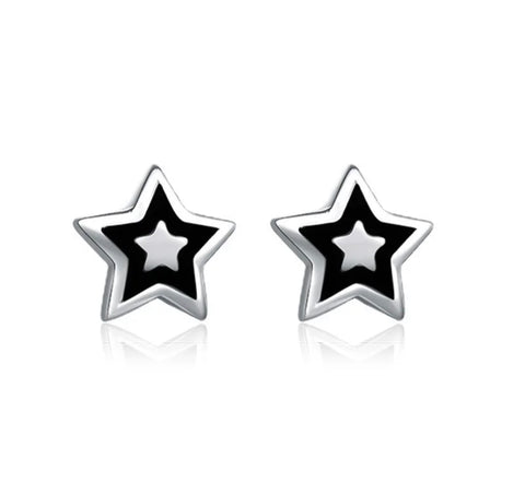 925 Sterling Silver Rhodium Plated Black Enamel Star Screw Back Earrings for Baby Kids & Teens