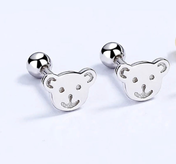 925 Sterling Silver Rhodium Plated Bear Screw Back Earrings for Baby Kids & Teens