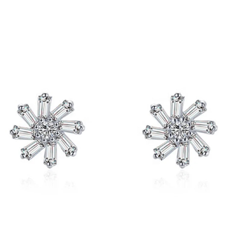 925 Sterling Silver Rhodium Plated Flower CZ Stones Push Back Earrings For Kids & Teens