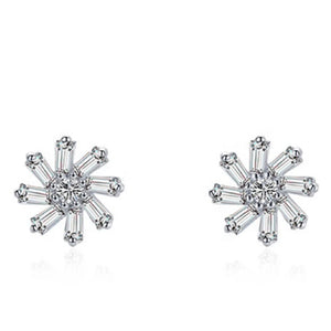 925 Sterling Silver Rhodium Plated Flower CZ Stones Push Back Earrings For Kids & Teens