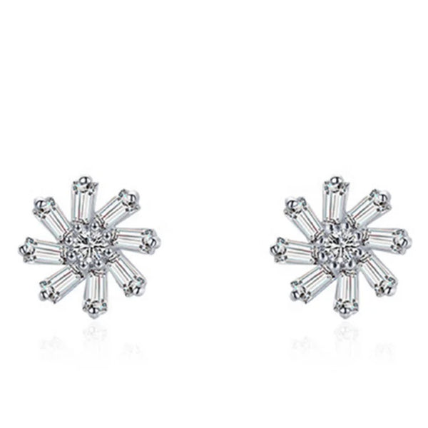 925 Sterling Silver Rhodium Plated Flower CZ Stones Push Back Earrings For Kids & Teens