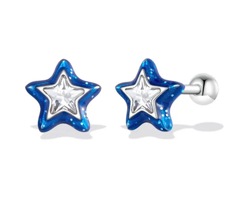 925 Sterling Silver Platinum Plated Glitter Enamel CZ Stones Star Screw Back Earrings for Baby Kids & Teens