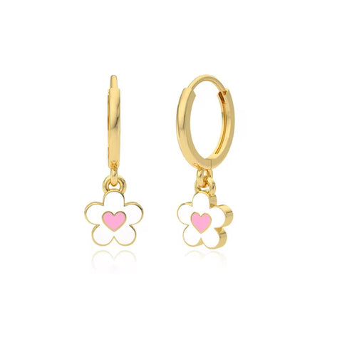 925 Sterling Silver 18K Plated White Flower Huggie Earrings for Kids & Teens