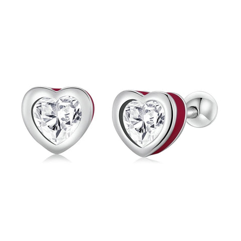 925 Sterling Silver Red Enamel Heart CZ Stones Screw Back Earrings for Baby, Kids & Teens