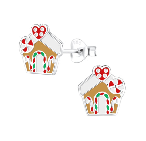 925 Sterling Silver Enamel Holiday Gingerbread House Push Back Earrings for Kids & Teens