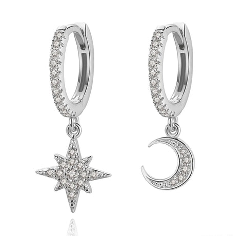 925 Sterling Silver Rhodium Plated Moon & Star Huggie Earrings for Kids & Teens