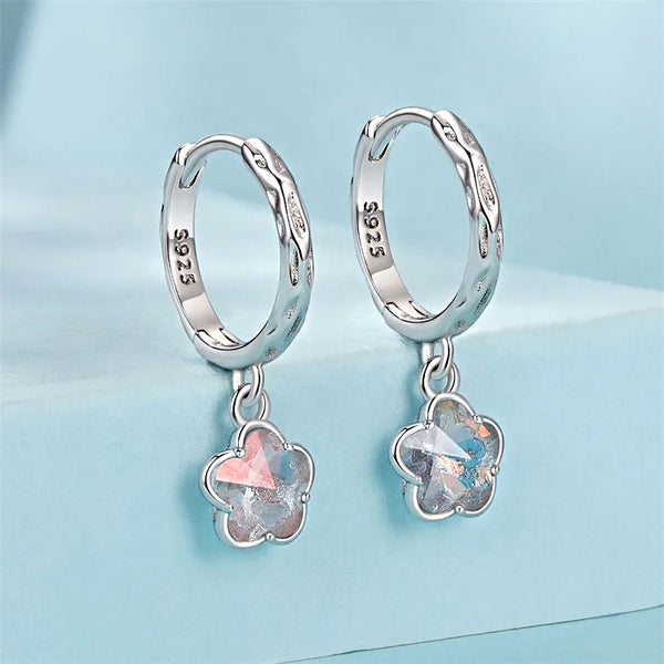 925 Sterling Silver Rhodium Plated Ice Crystal Flowe Huggie Earrings for Kids & Teens