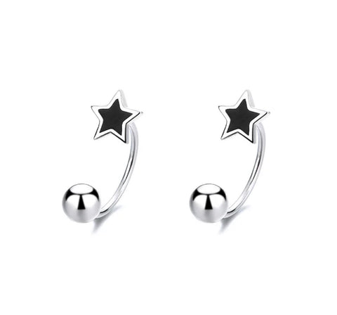 925 Sterling Silver Rhodium Plated Black Star Double Screw Back Earrings for Kids & Teens