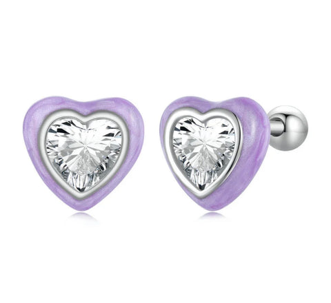 Purple Enamel CZ Heart Screw Back Earrings for Baby, Kids, Teens
