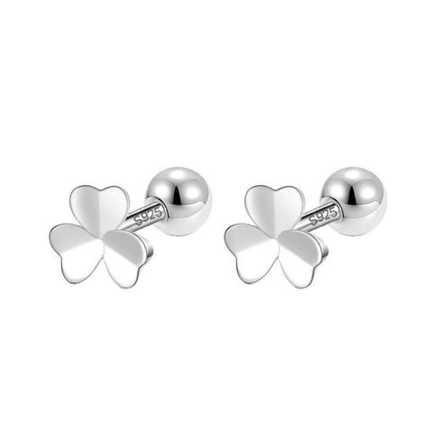 Sterling Silver Rhodium Plated Three Leaf Clover Screw Back Earrings for Baby Kids & Teens