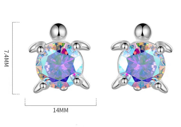 925 Sterling Silver Rhodium Plated CZ Stones Turtle Screw Back Earrings For Baby, Kids, Teens