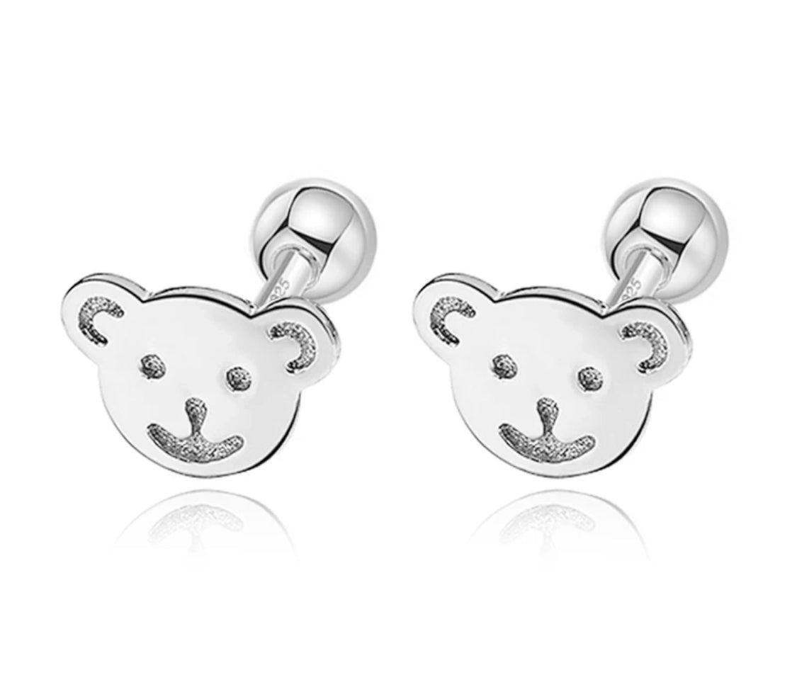 925 Sterling Silver Rhodium Plated Bear Screw Back Earrings for Baby Kids & Teens