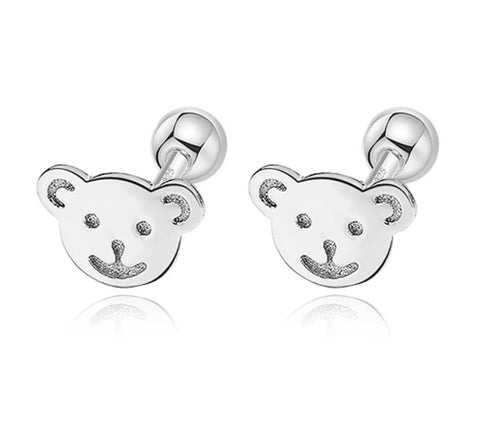 925 Sterling Silver Rhodium Plated Bear Screw Back Earrings for Baby Kids & Teens