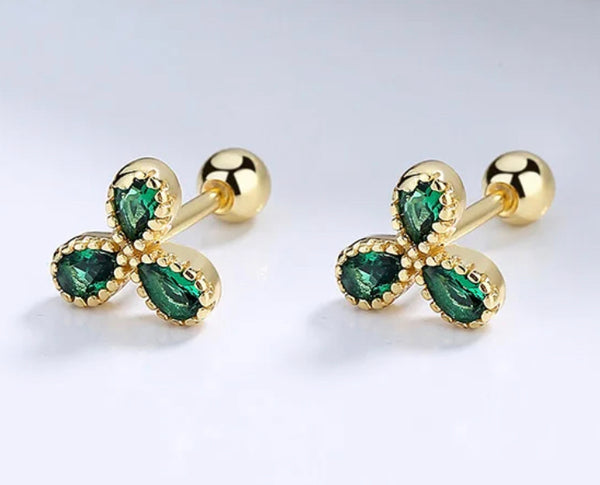 925 Sterling Silver 18K Gold Plated Three Leaf Clover Green CZ Stones Screw Back Earrings for Baby Kids & Teens