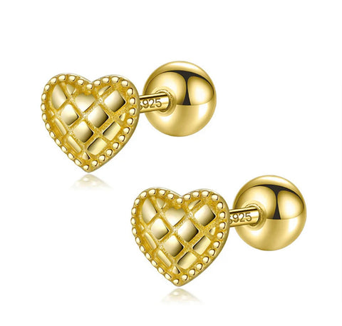 925 Sterling Silver 18K Gold Plated Pattern Heart Screw Back Earrings for Baby Kids & Teens
