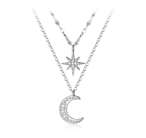 925 Sterling Silver Rhodium Plated Double Charm & Chain Pavè CZ Stones Moon & Star Necklace for Kids & Teens