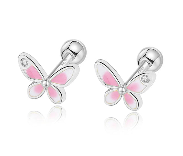 925 Sterling Silver Rhodium Plated White & Pink Enamel Butterfly Screw Back Earrings for Baby Kids & Teens