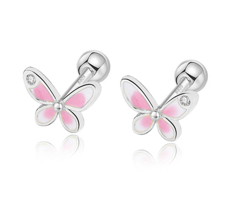 925 Sterling Silver Rhodium Plated White & Pink Enamel Butterfly Screw Back Earrings for Baby Kids & Teens