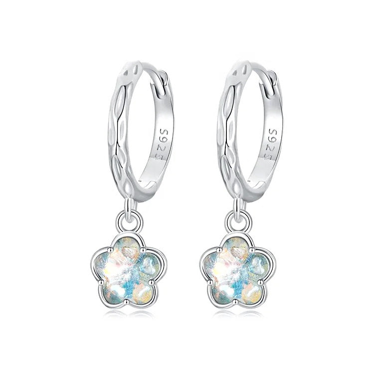 925 Sterling Silver Rhodium Plated Ice Crystal Flowe Huggie Earrings for Kids & Teens