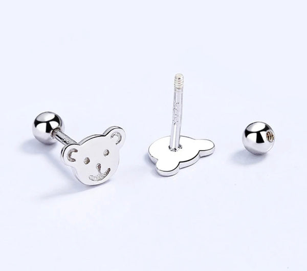 925 Sterling Silver Rhodium Plated Bear Screw Back Earrings for Baby Kids & Teens