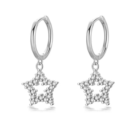 925 Sterling Silver Rhodium Plated Pavé CZ Stones Star Huggie Hoop Earrings For Kids & Teens