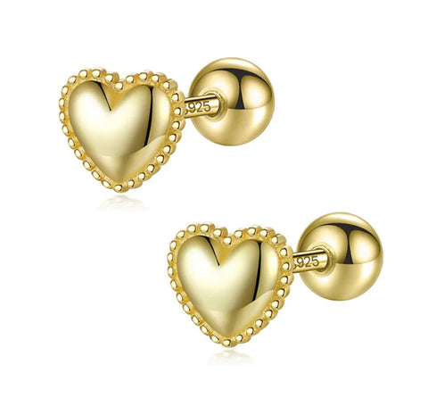 925 Sterling Silver 18K Gold Plated High Polished Heart Screw Back Earrings for Baby Kids & Teens