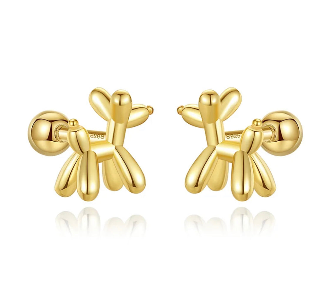 925 Sterling Silver 18K Gold Plated Balloon Dog Screw Back Earrings for Baby Kids & Teens