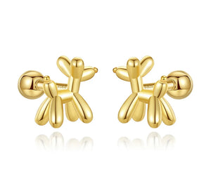 925 Sterling Silver 18K Gold Plated Balloon Dog Screw Back Earrings for Baby Kids & Teens